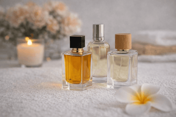 Choose the right fragrance for your style with these elegant perfume bottles on a soft fabric background.