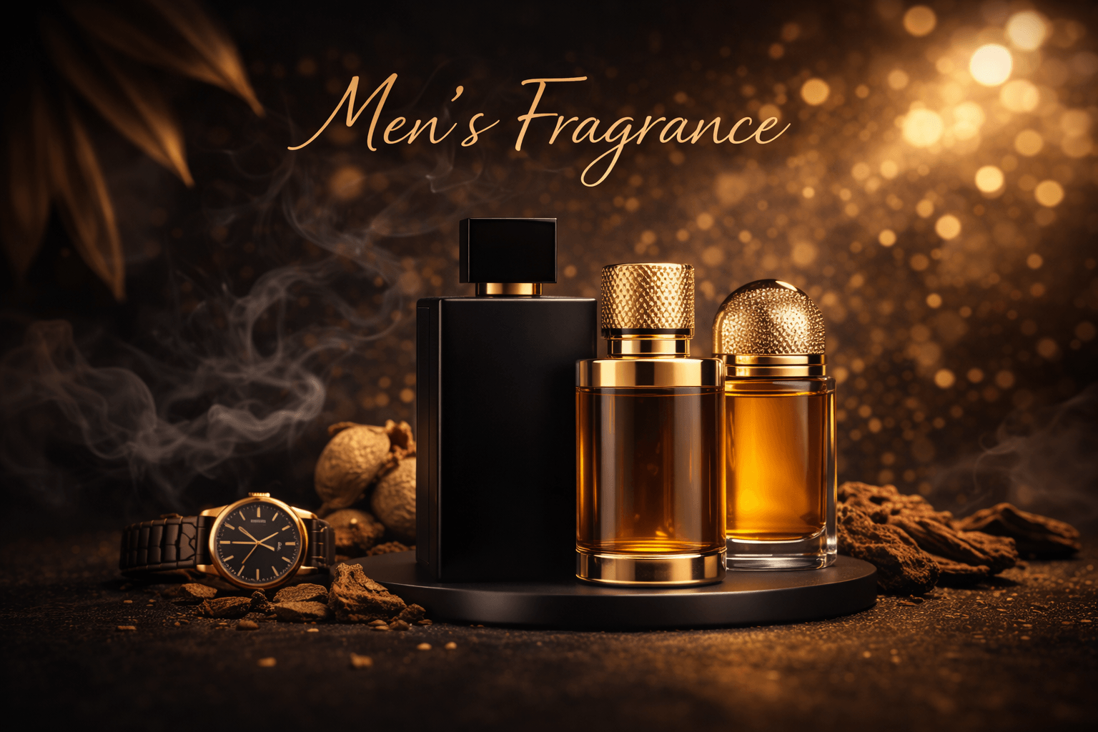 Men's designer fragrances featuring elegant bottles set against a golden backdrop with accessories.