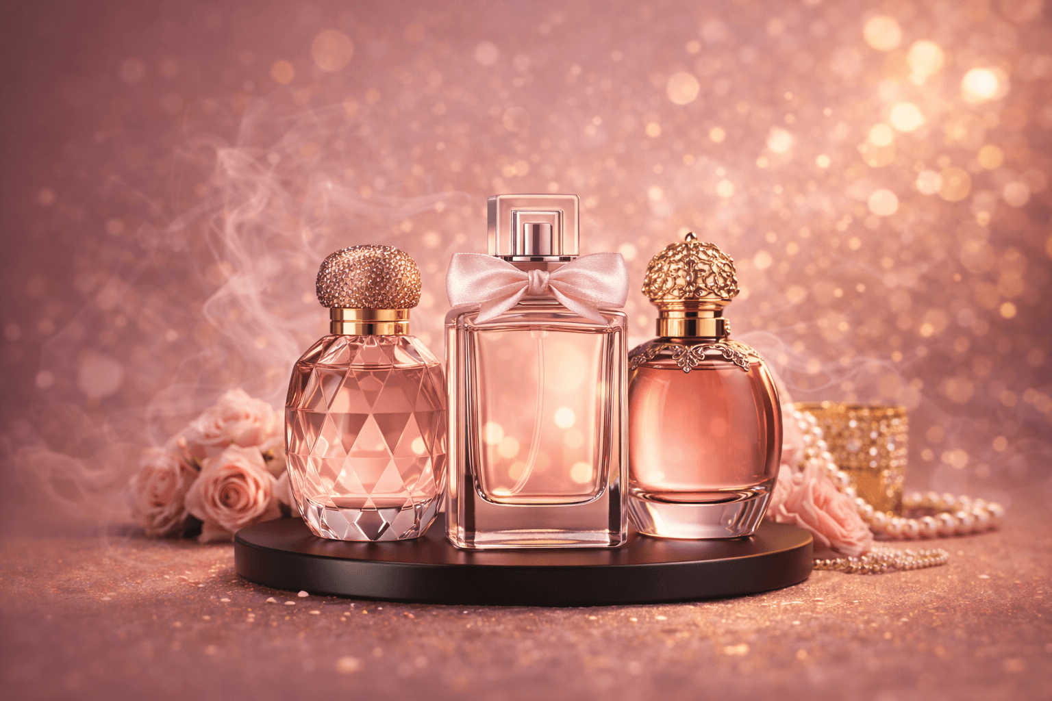 Elegant women's fragrances displayed on a stylish tray with roses and a sparkling background.