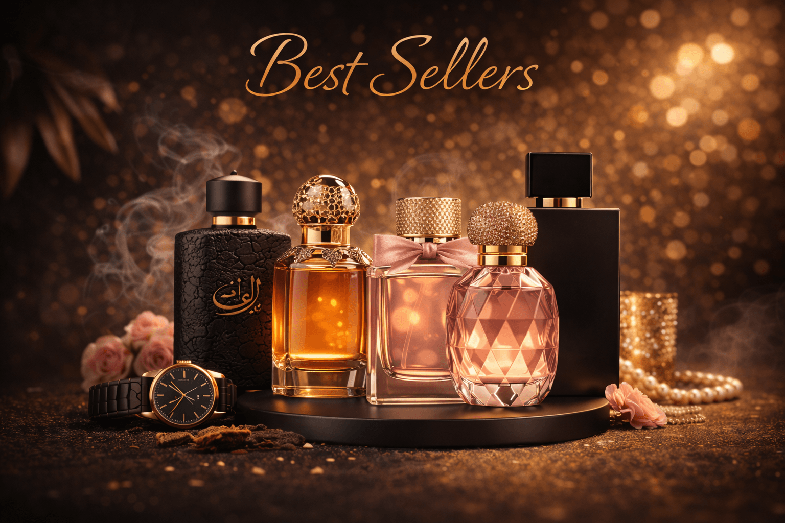 Best selling fragrances displayed elegantly with sparkling background and luxurious perfume bottles.