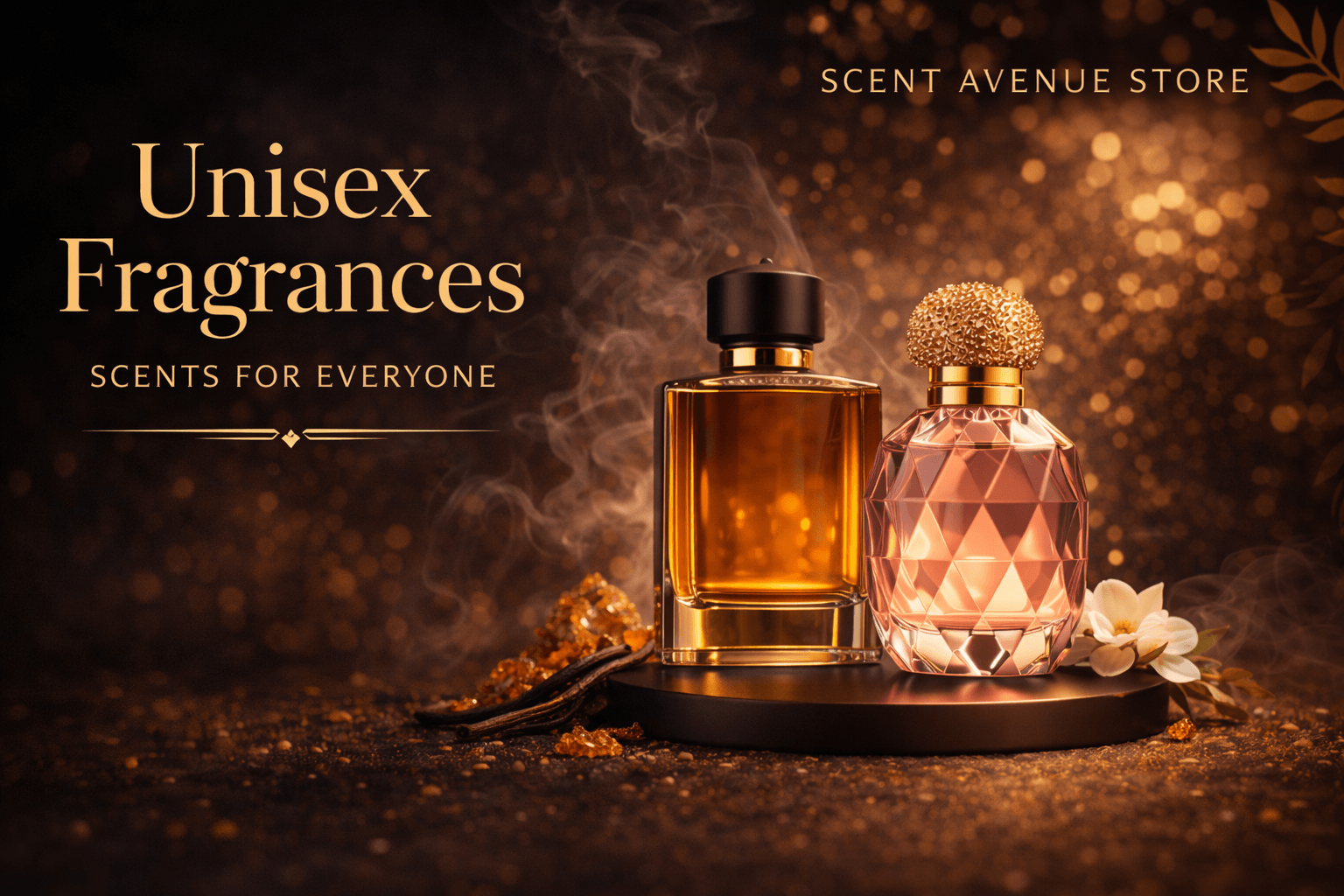 Unisex fragrances collection featuring elegant perfume bottles on a decorative surface at Scent Avenue Store.