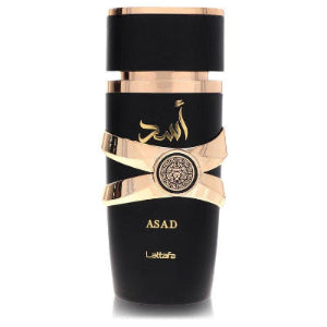 Lattafa Asad bold spicy vanilla men's fragrance bottle with elegant design.