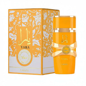 Yara Tous sweet tropical perfume in bright packaging by Lattafa, featuring luxurious design and vibrant colors.