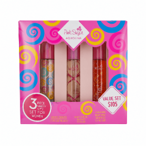 Playful womens perfume set featuring Pink Sugar by Aquolina in a colorful 3-piece variety packaging.