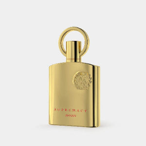 Afnan Supremacy Gold fragrance elegant gold perfume bottle, showcasing luxury and warmth.
