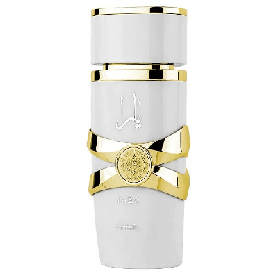 Yara Moi women's perfume by Lattafa in elegant white and gold bottle, representing soft, sweet, and creamy fragrance.