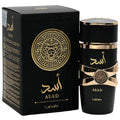 Lattafa Asad bold spicy vanilla men's fragrance packaging and bottle design for a powerful scent experience.
