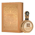 luxury unisex perfume Fakhar Gold by Lattafa in elegant packaging with ornate design.