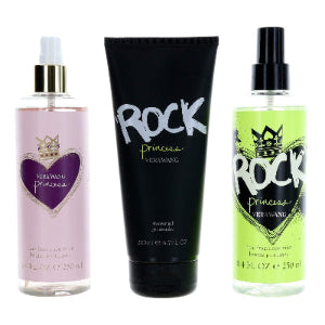 Vera Wang Rock Princess Gift Set featuring fragrance mist, shower gel, and body mist in packaging.